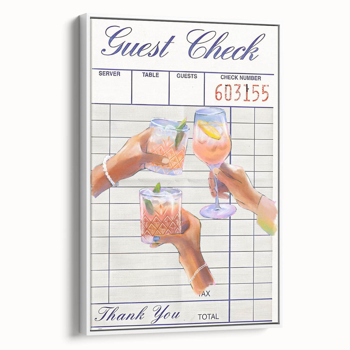 Vintage poster art of colorful food and drinks on a large framed canvas, ideal for living room decor.