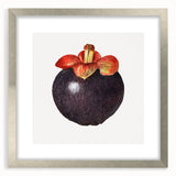 Textured art print of abstract fruits in muted earth tones, framed in silver, ideal for bedroom decor.