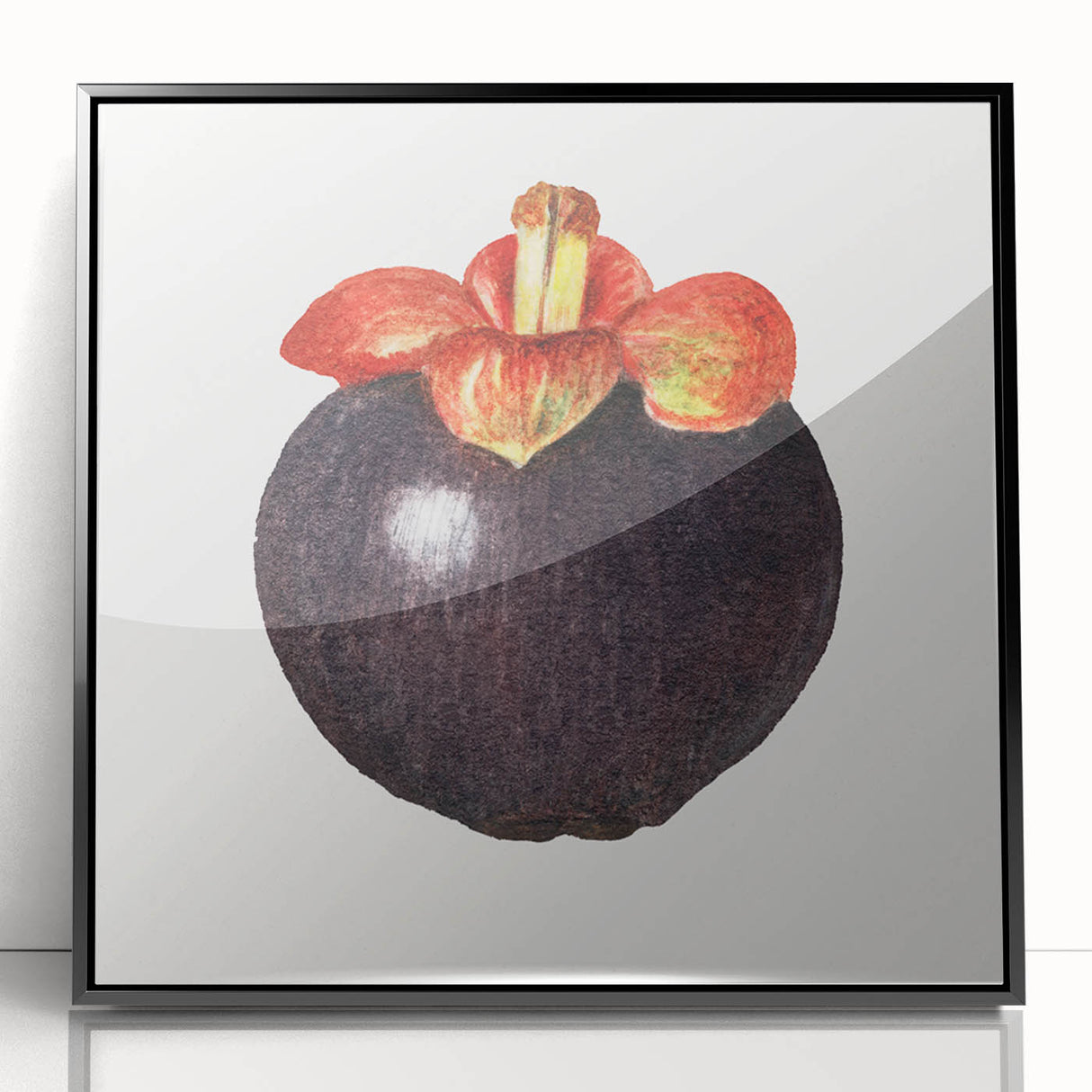 Large abstract wall art featuring assorted fruits in vibrant colors on a black acrylic frame, ideal for kitchen wall decor.