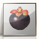 Large art print of assorted fruits in vibrant colors on a gold acrylic frame, in a mid-century modernist style.