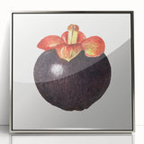 Mid-century modernist art featuring an array of colorful fruits on a silver-framed acrylic print, ideal for nursery wall art.