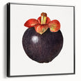 Black and white framed canvas featuring a vintage poster-style image of assorted fruits, ideal for bedroom wall decor.