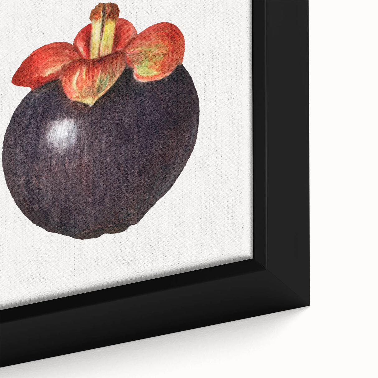 Black wall art featuring a close-up of colorful, textured fruits on a large framed canvas, ideal for living room decor.