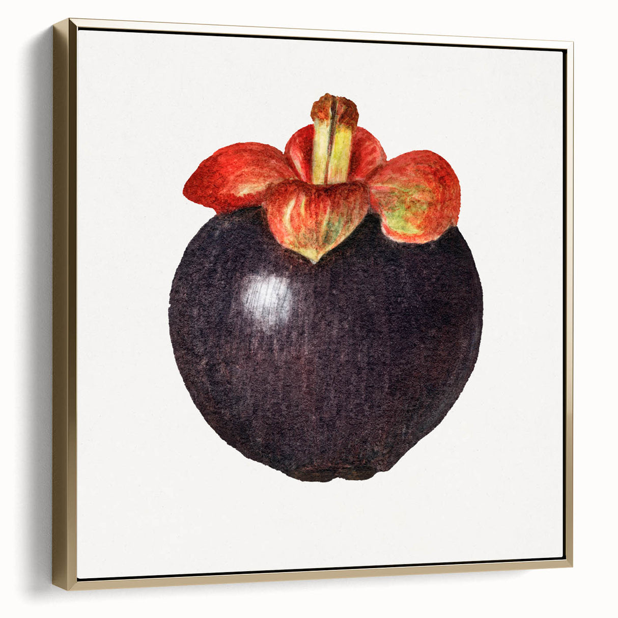 Framed canvas featuring a vintage poster art style landscape of fruits in silver and gold tones.