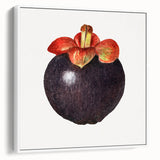 Vintage poster art featuring colorful fruits on a black background, framed canvas, ideal for living room decor.