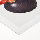 Art deco poster featuring an assortment of colorful fruits on a rolled canvas, suitable for dining room decor.