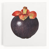 Black and white stretched canvas featuring an array of fruits, ideal for kitchen wall art.