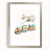 Girls Room Wall Art - Wooden Train & Airplane Kids Room Art