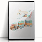 Girls Room Wall Art - Wooden Train & Airplane Kids Room Art