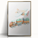 Girls Room Wall Art - Wooden Train & Airplane Kids Room Art