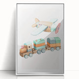 Girls Room Wall Art - Wooden Train & Airplane Kids Room Art