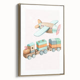 Girls Room Wall Art - Wooden Train & Airplane Kids Room Art