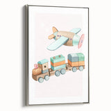 Girls Room Wall Art - Wooden Train & Airplane Kids Room Art