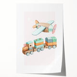 Girls Room Wall Art - Wooden Train & Airplane Kids Room Art