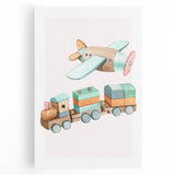 Girls Room Wall Art - Wooden Train & Airplane Kids Room Art