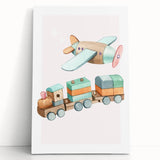 Girls Room Wall Art - Wooden Train & Airplane Kids Room Art