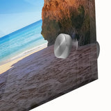 Close-up of a vibrant acrylic landscape artwork depicting serene beaches at sunset, showcasing rich colors and intricate details, ideal for coastal-themed decor.