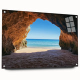 Vibrant acrylic landscape artwork depicting tranquil beaches with a side view showcasing its sleek design and mounting pins, perfect for enhancing coastal decor.