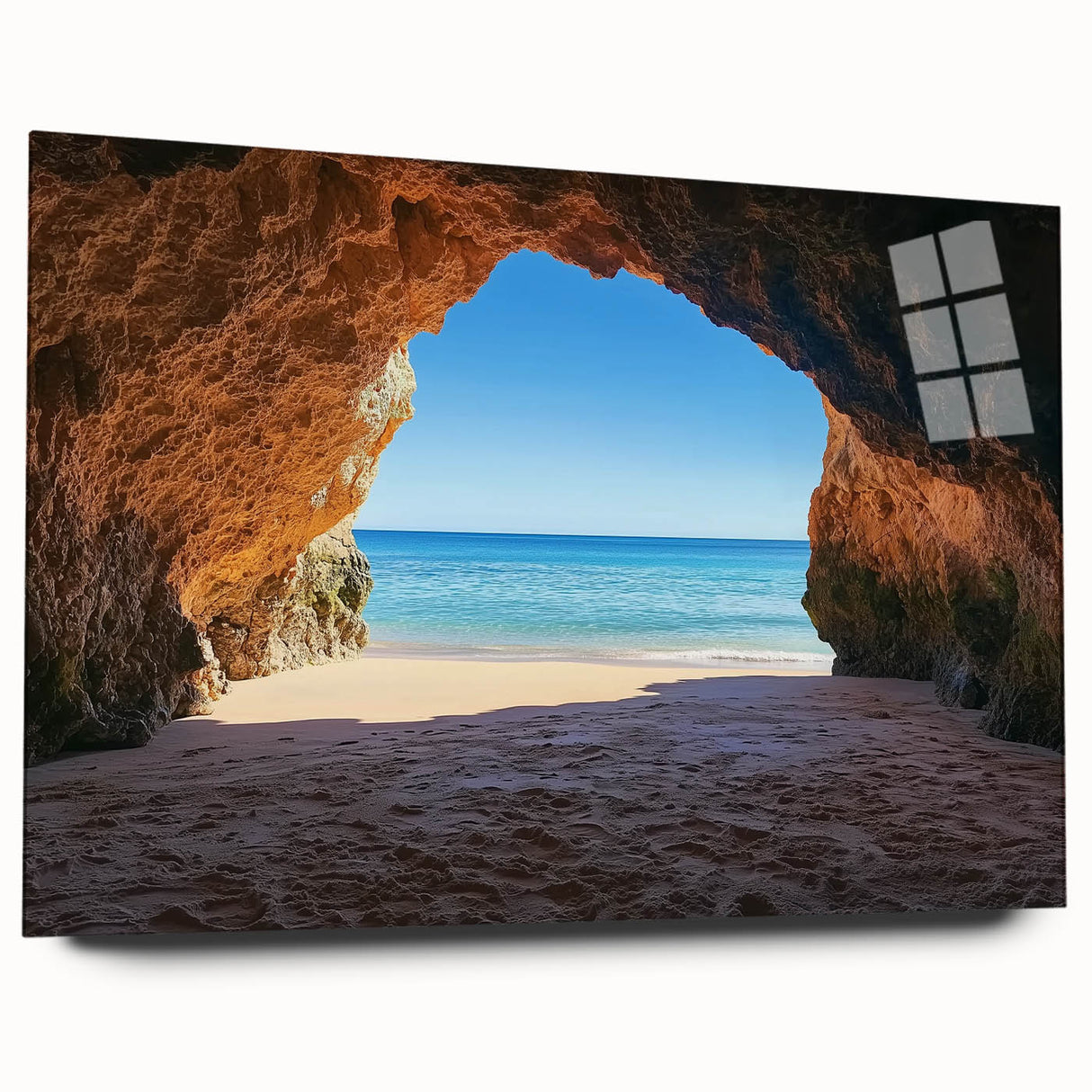 Landscape acrylic artwork depicting serene beaches, showcasing vibrant colors of blue and golden sand, elegantly presented in a side view without pins. Perfect for coastal décor enthusiasts.