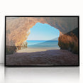 Framed acrylic landscape artwork showcasing a serene beach scene with vibrant colors and intricate details, presented in a sleek black frame, ideal for enhancing home decor.