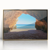 Framed acrylic artwork showcasing a serene beach landscape with golden accents, highlighting vibrant blue waters and soft sandy shores, perfect for coastal decor.