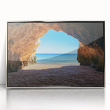Framed acrylic artwork depicting a serene beach landscape, showcasing soft pastel colors and gentle waves, perfect for coastal home decor and relaxation.