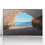 Framed acrylic artwork depicting a serene beach landscape with vibrant colors and a white frame, ideal for coastal home decor and relaxation themes.