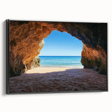 Framed canvas artwork showcasing a vibrant beach landscape with waves and palm trees, displayed in a sleek black frame, perfect for coastal decor enthusiasts.