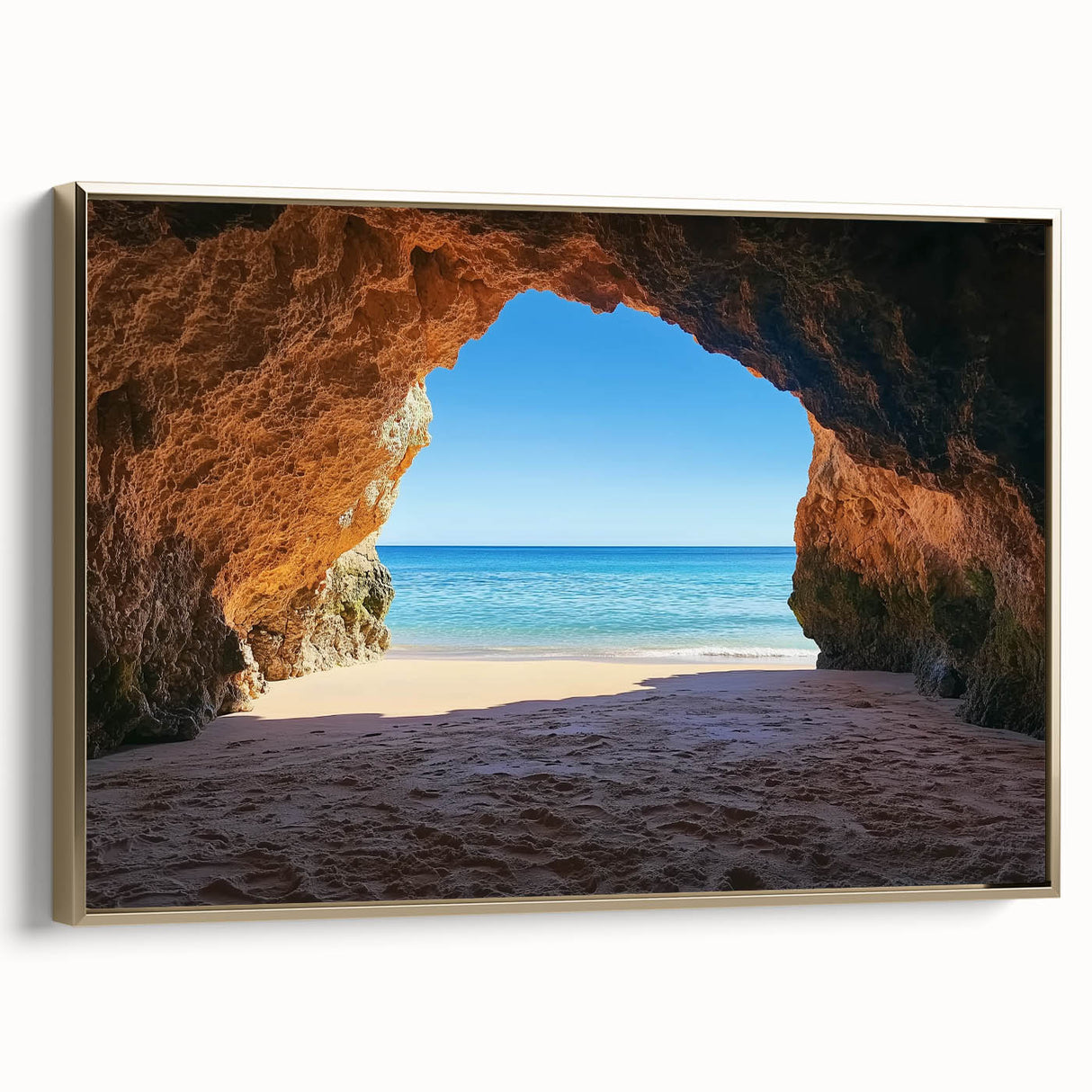 Framed landscape canvas art showcasing a serene beach scene with golden accents, ideal for coastal-themed decor. Perfect for enhancing living spaces with tranquility.