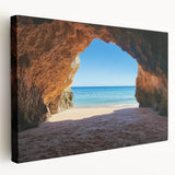 Stretched canvas artwork depicting a serene beach landscape with vibrant colors, showcasing gentle waves and a tranquil sky, perfect for coastal home decor.