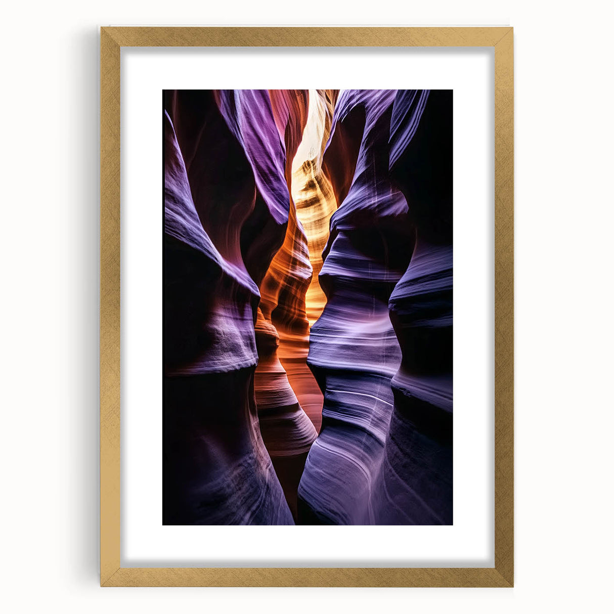 Elegant landscape canyon artwork framed in gold with a mat, showcasing vibrant colors and intricate details, perfect for home decor or office display.