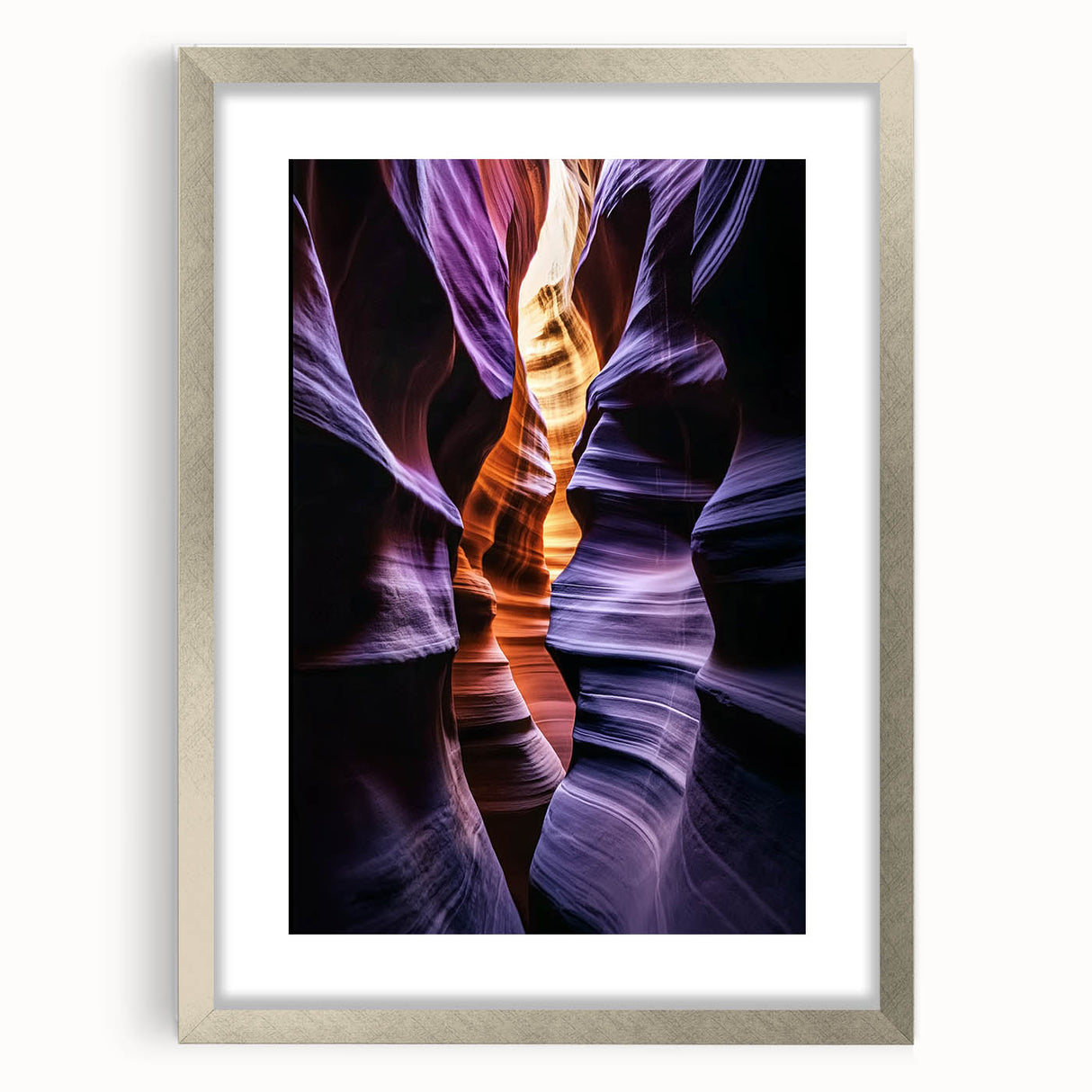 Silver-framed landscape artwork showcasing vibrant canyon scenery, complete with a decorative mat, ideal for enhancing home or office decor. Perfect for nature lovers.