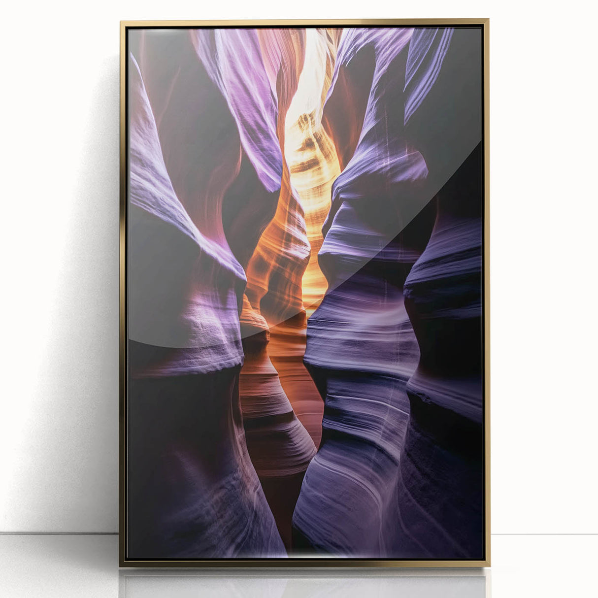 Framed acrylic artwork showcasing a stunning landscape of canyons with golden accents, ideal for home decor. Perfect for adding a touch of elegance to any living space.