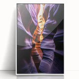 Framed acrylic landscape artwork showcasing a stunning canyon scene with vibrant colors, designed to enhance home decor and create a serene atmosphere.