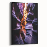 Framed canvas artwork depicting a stunning landscape of canyons, showcasing vibrant colors and intricate details, perfect for modern home decor.