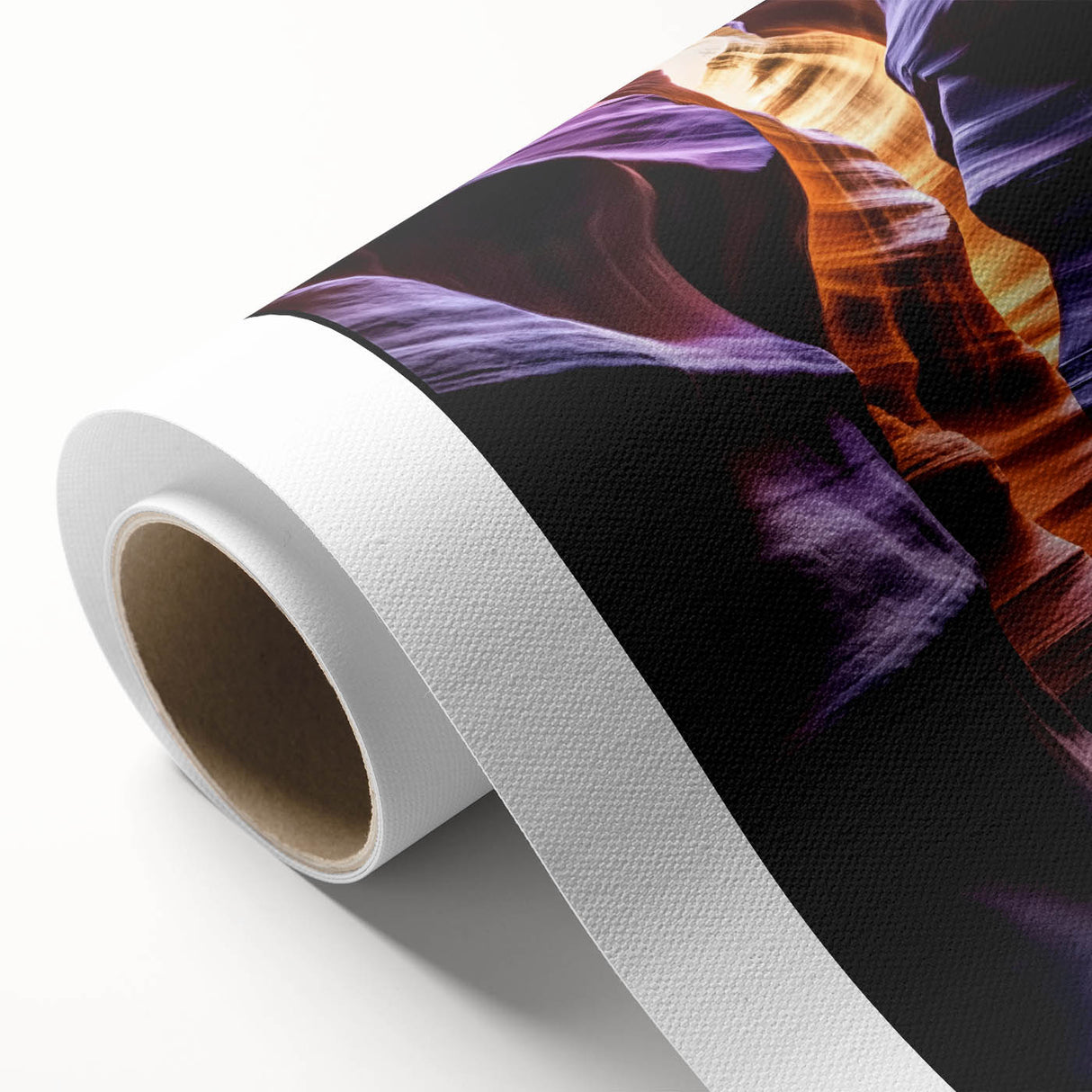 Vibrant rolled canvas artwork showcasing colorful canyon landscapes, featuring rich earth tones and intricate details, ideal for home decor or office aesthetics.