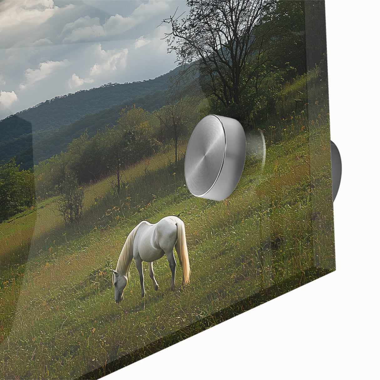 Close-up of a vibrant acrylic landscape artwork showcasing a serene countryside scene with lush green fields and rolling hills, ideal for home decor.