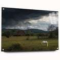 Acrylic glass landscape artwork showcasing a serene countryside scene, mounted on a sleek side view display with pins, ideal for modern home decor.
