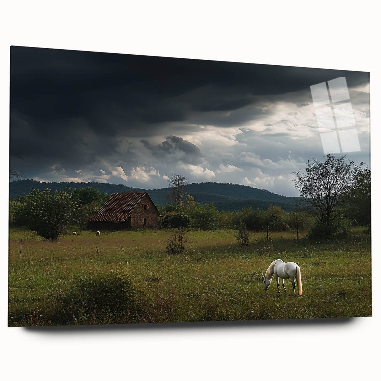 Acrylic glass artwork depicting a serene countryside landscape, showcasing vibrant green fields, distant hills, and a clear blue sky, perfect for home decor.
