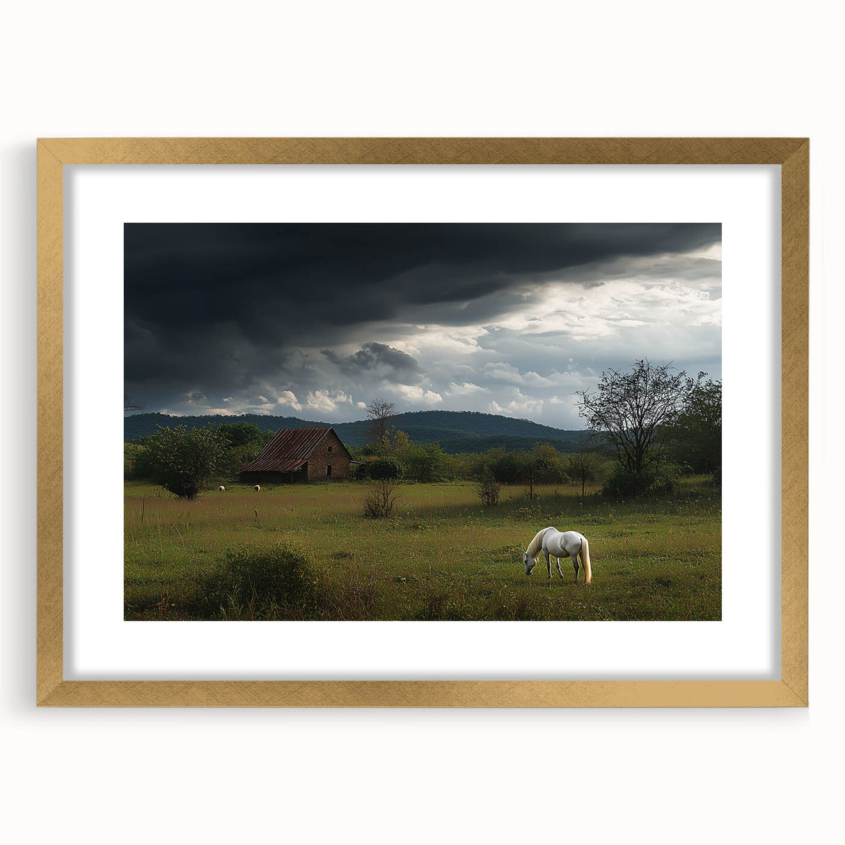 Elegant gold-framed landscape artwork depicting a serene countryside scene with vibrant greens and soft blue skies, ideal for enhancing any home decor.