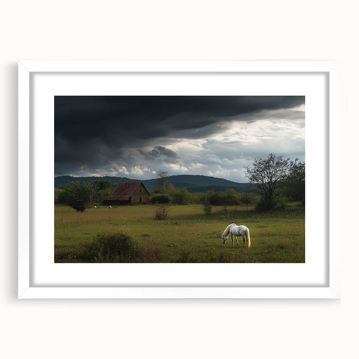 Framed landscape artwork depicting a serene countryside scene with vibrant colors and a white mat, showcasing nature's tranquility in a modern aesthetic.