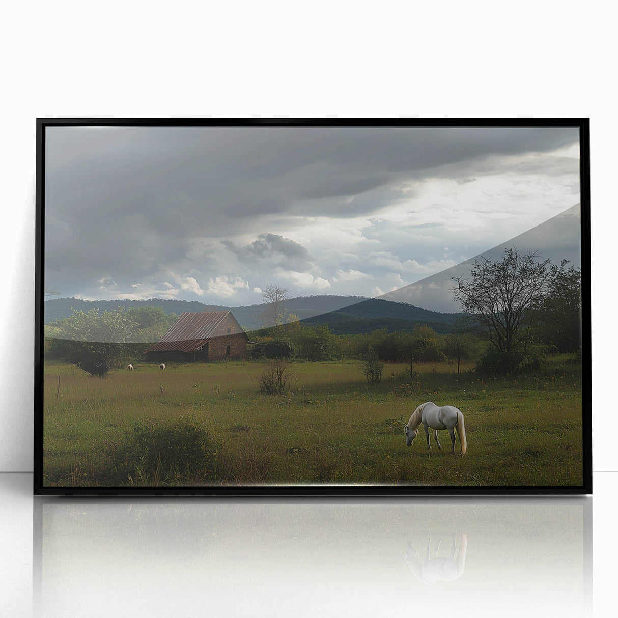 Framed acrylic landscape artwork showcasing a serene countryside scene, featuring vibrant green fields and a clear blue sky, elegantly presented in a sleek black frame.