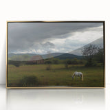 Framed acrylic artwork depicting a serene countryside landscape in gold tones, showcasing lush greenery and rolling hills, perfect for home decor enhancement.