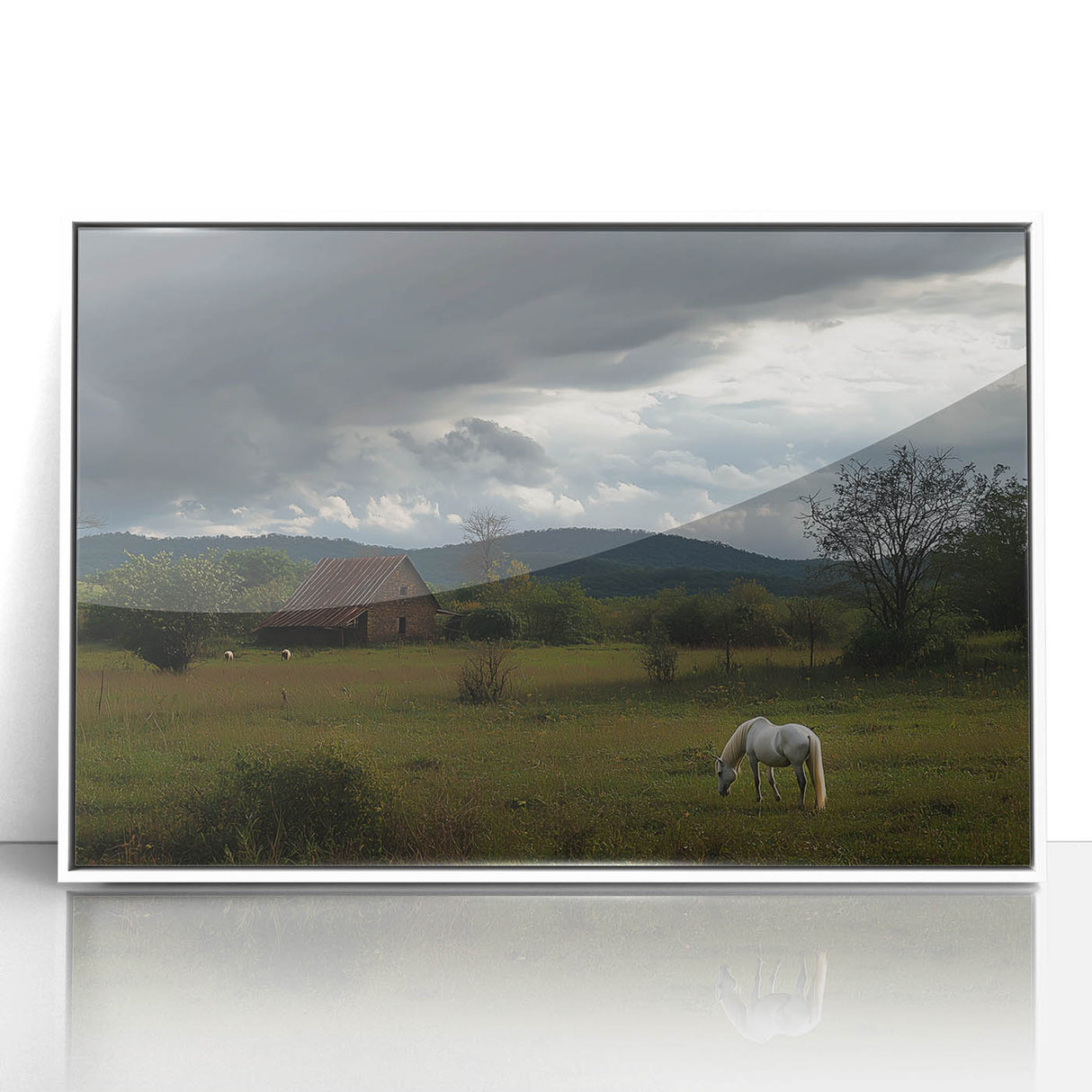 Framed acrylic artwork showcasing a serene countryside landscape, featuring lush green fields and a clear blue sky, perfect for enhancing home decor with a touch of nature.