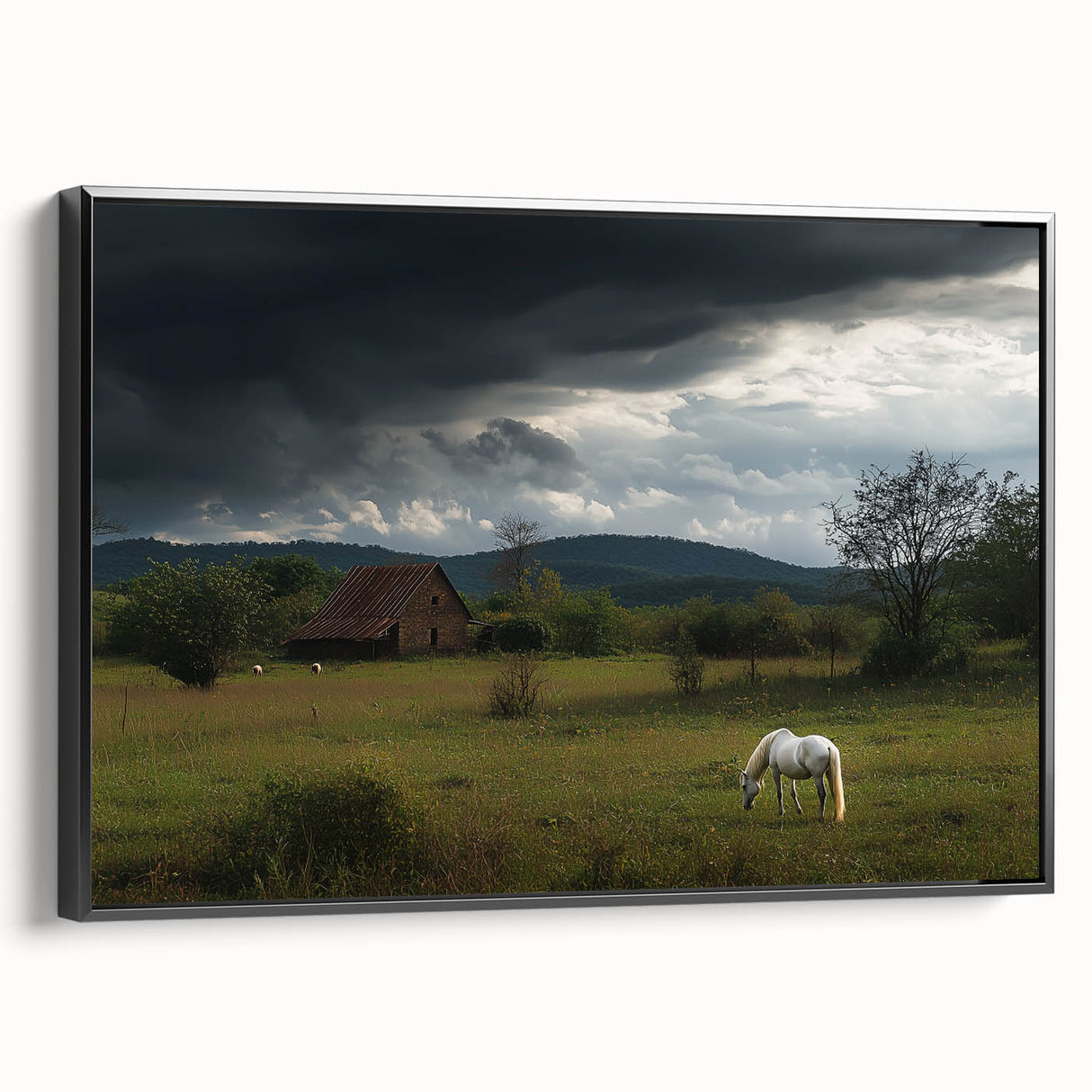 Framed canvas artwork showcasing a serene countryside landscape with vibrant greenery and rolling hills, presented in a sleek black frame, ideal for home decor.