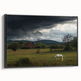 Framed canvas artwork showcasing a serene countryside landscape with vibrant greenery and rolling hills, presented in a sleek black frame, ideal for home decor.