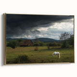 Framed canvas artwork depicting a serene countryside landscape with lush green fields and a vibrant blue sky. The gold frame enhances its elegant presentation, perfect for home decor.