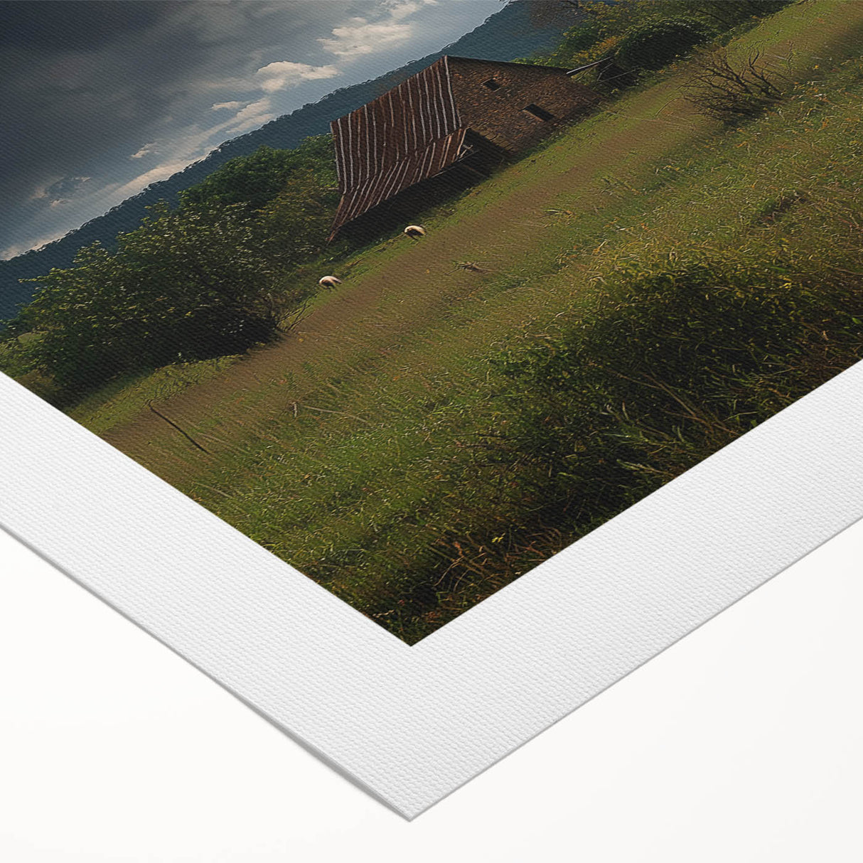 Rolled canvas showcasing a serene countryside landscape with vibrant green fields and a clear blue sky, packaged securely in a protective cardboard tube. Ideal for home decor.