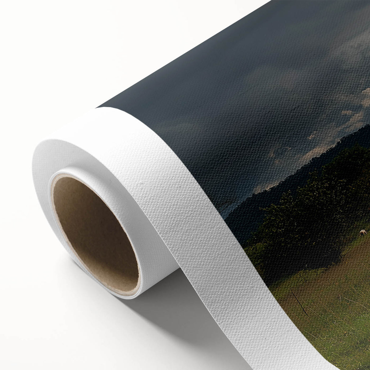 Vibrant rolled canvas showcasing a serene countryside landscape with rolling hills and a blue sky, elegantly packaged in a protective cardboard tube.