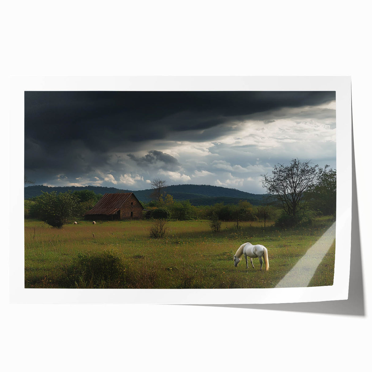 Beautiful landscape print depicting a serene countryside scene with rolling hills, vibrant green fields, and a clear blue sky, rolled up and ready for framing.